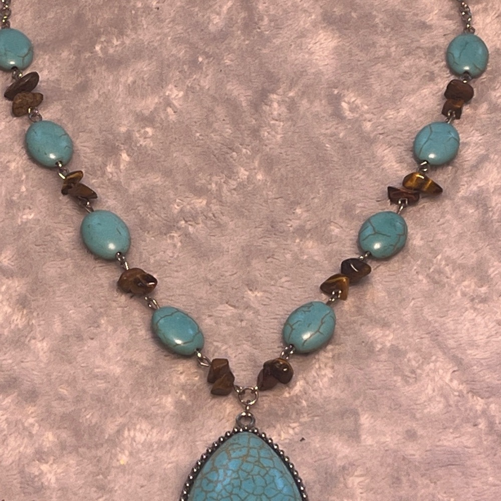 Cato Blue and Brown Beaded Necklace with Teardrop Pendant
